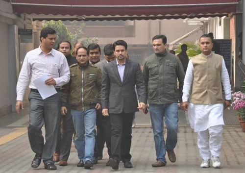 Anurag Thakur coming out of Election commission office, New Delhi, after submitting letter to Election Commission 
