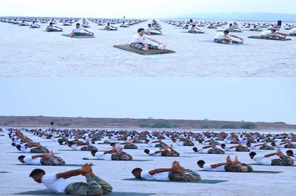 Indian Ary celebrating International Yoga Day on the Rann of Kutch