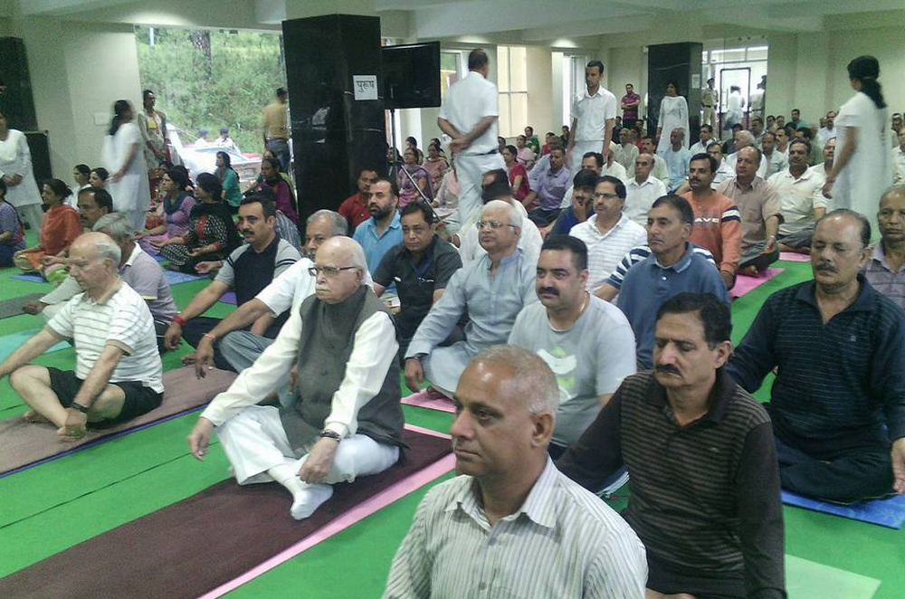 Marking first International Yoga Day, Veteran Politician Lal Krishan Advani and Shanta Kumar performing Yoga at Palampur.