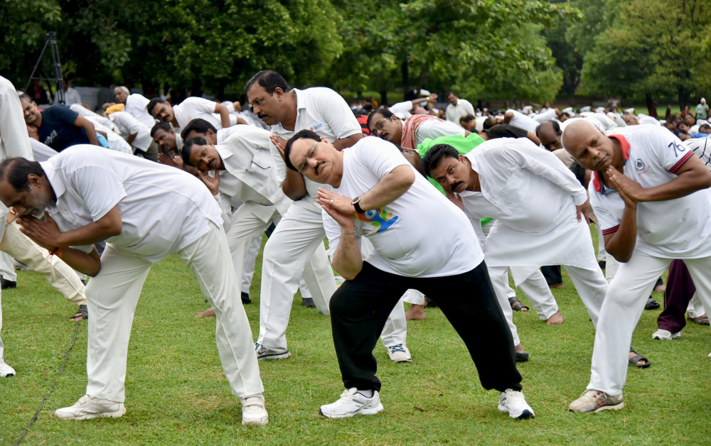 Union Health Minister JP Nadda performing Yoga