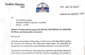 MLA Sudhir Sharma Files Breach of Privilege Against CM Sukhu Over False Information Allegations